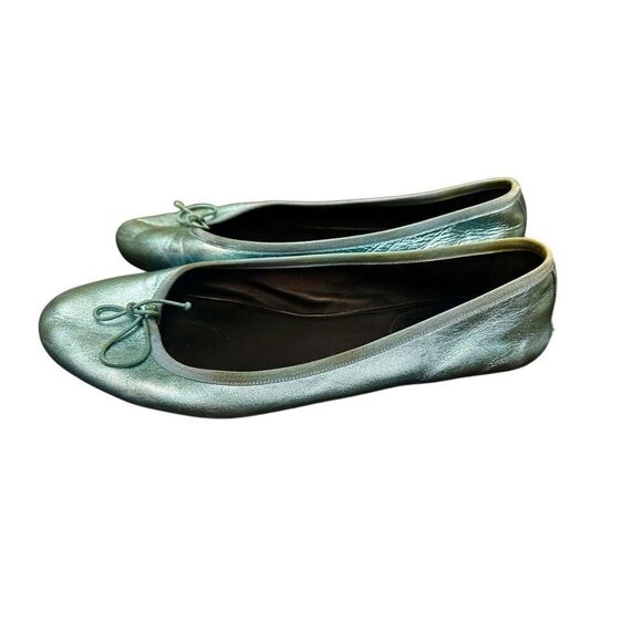 Saint Laurent Metallic Blue Leather Bow Ballet Flats Size 391/2 US 9 - Picture 1 of 13
